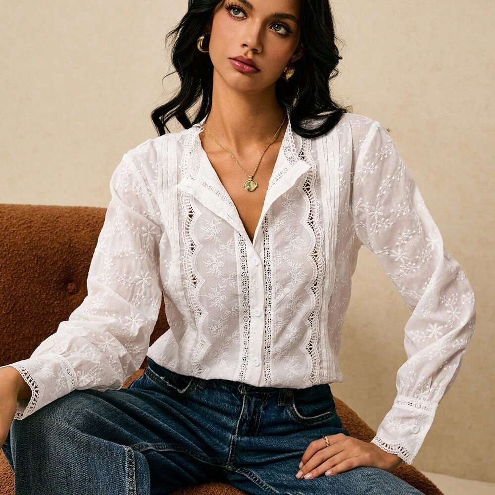White Boho Women's Elegant Long Sleeve Blouse - Picture 4 of 7